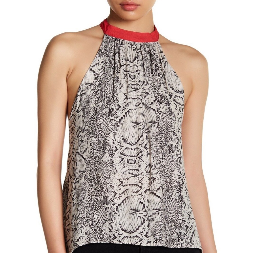 Free People Snake Skin Print Tank Top- button up back- red trim. Size M